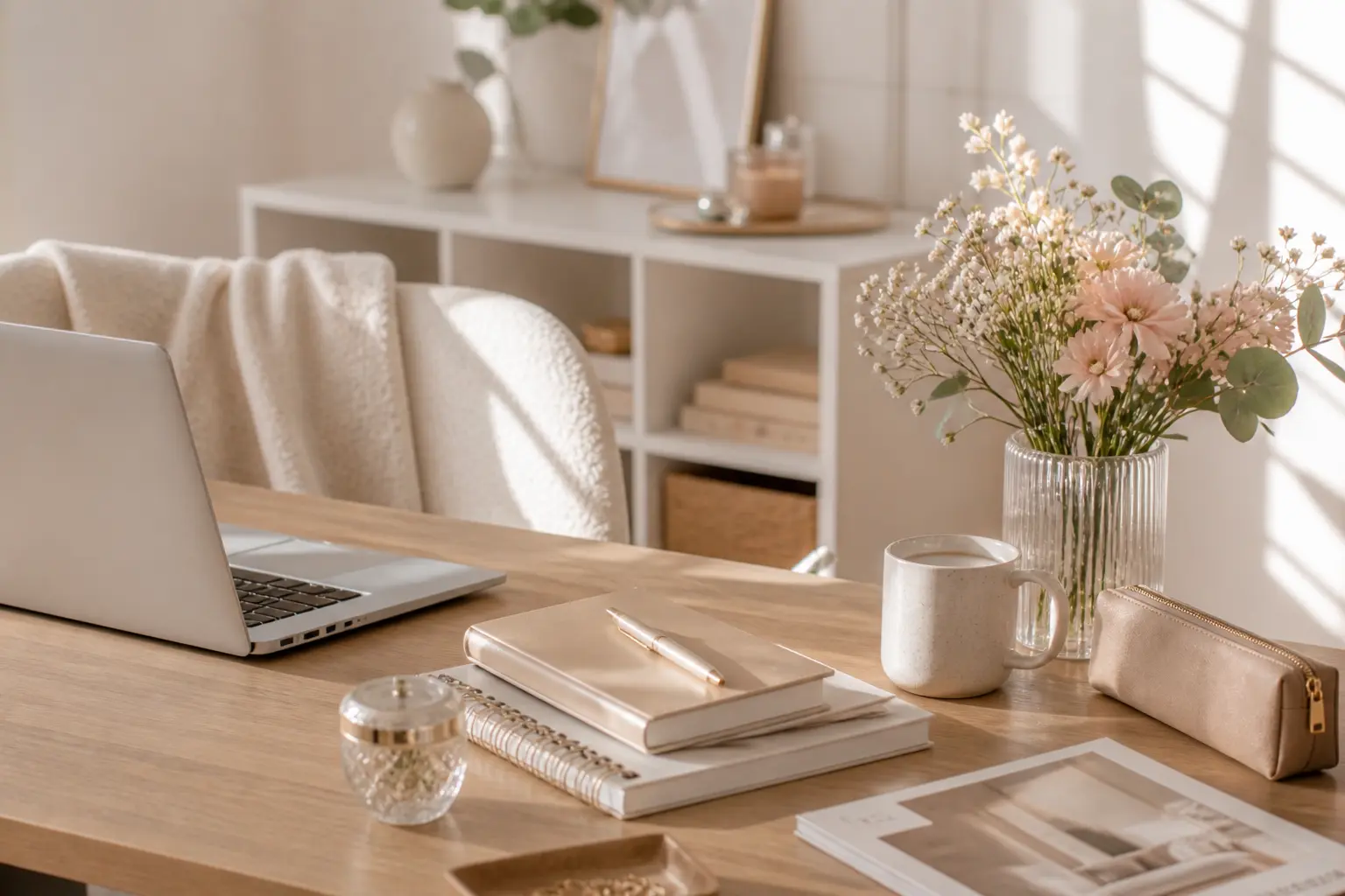 Bureau féminin doux et soigné pour illustrer la page contact